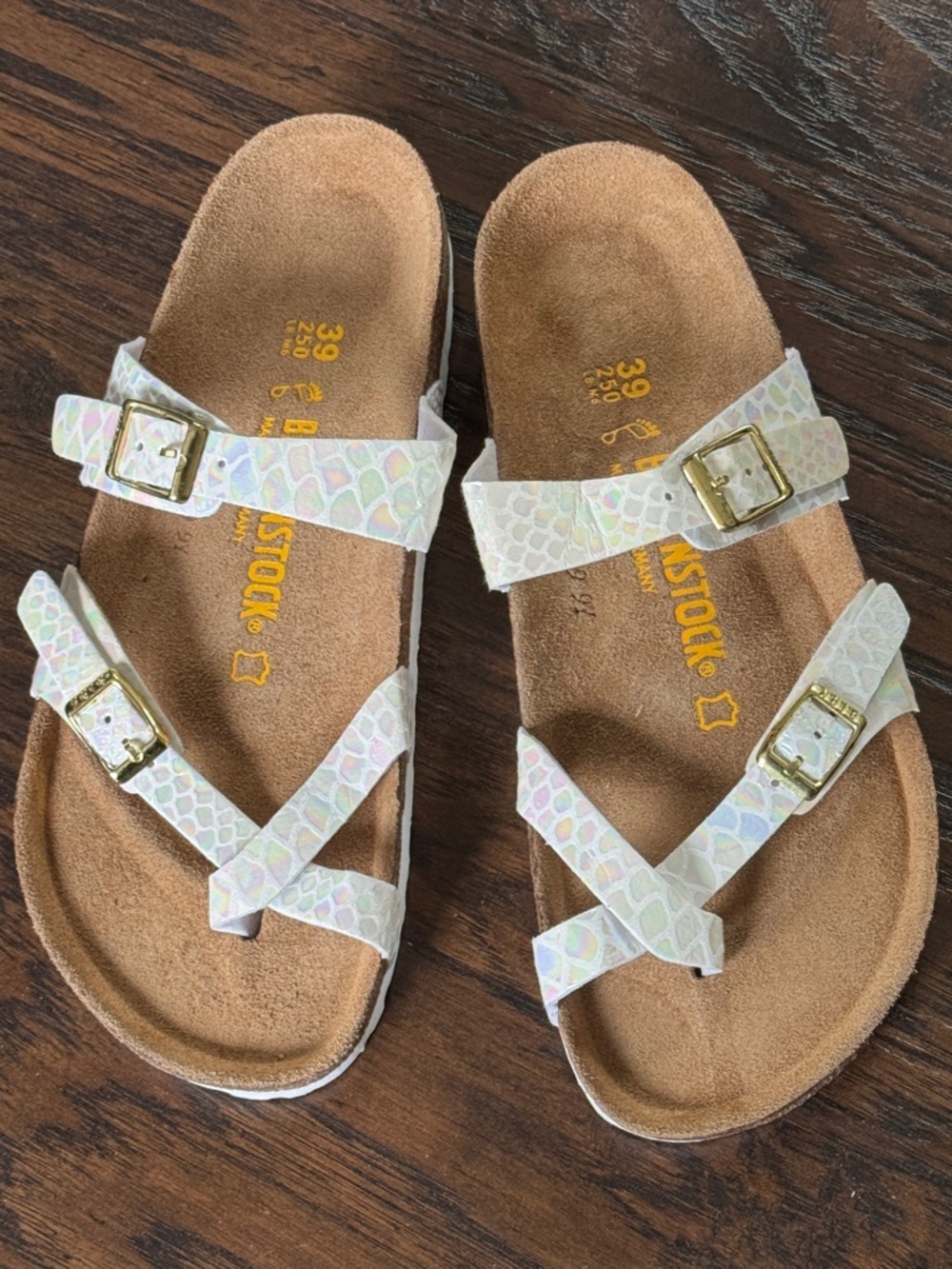 Birkenstock Iridescent White Multi-Print Sandals with Gold Buckles, Like New - Picture 3 of 14
